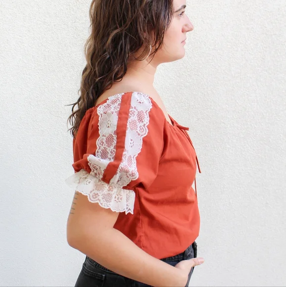 SOLD - Vintage 1970s Deep Orange Rust Off the Shoulder Western Style - Picture 3 of 11